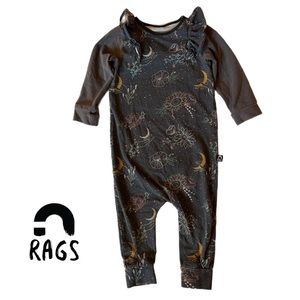 RAGS ruffled long sleeve romper, black and grey floral moon 12-18 months